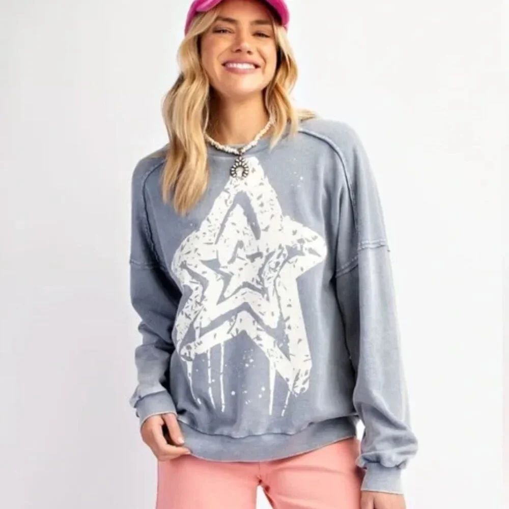 NEW EASEL Blue and White STAR PRINT WASHED TERRY KNIT PULLOVER Size LARGE - Picture 2 of 4